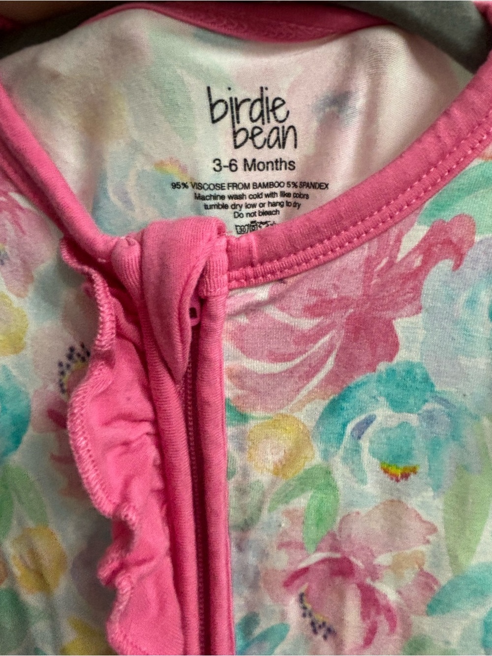 Birdie Bean Pink Bamboo Floral Ruffle-Front Kids One-Piece - Picture 4 of 4